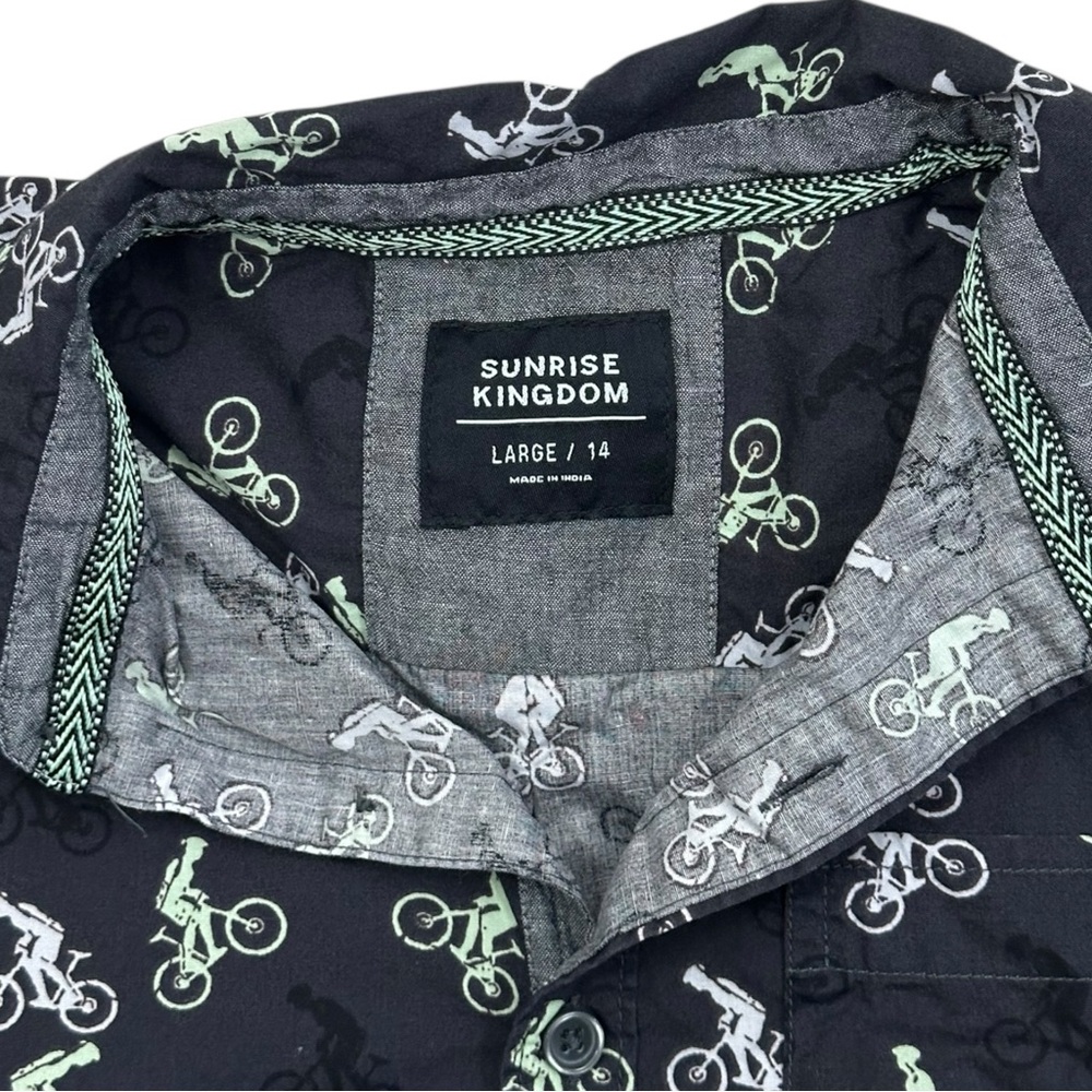 Sunrise Kingdom Boys Short Sleeve Button Up BMX Bike Pattern - Size Large 14 - Picture 2 of 6